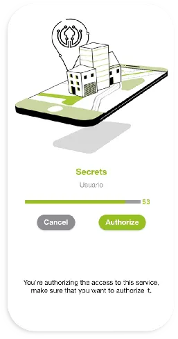 Pantalla de autorización del acceso en la aplicación de Ironchip, con los botones Cancel y Authorize