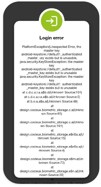 Mensaje Login error de la aplicación con el detalle PlatformException sobre la clave maestra del almacén de claves de Android