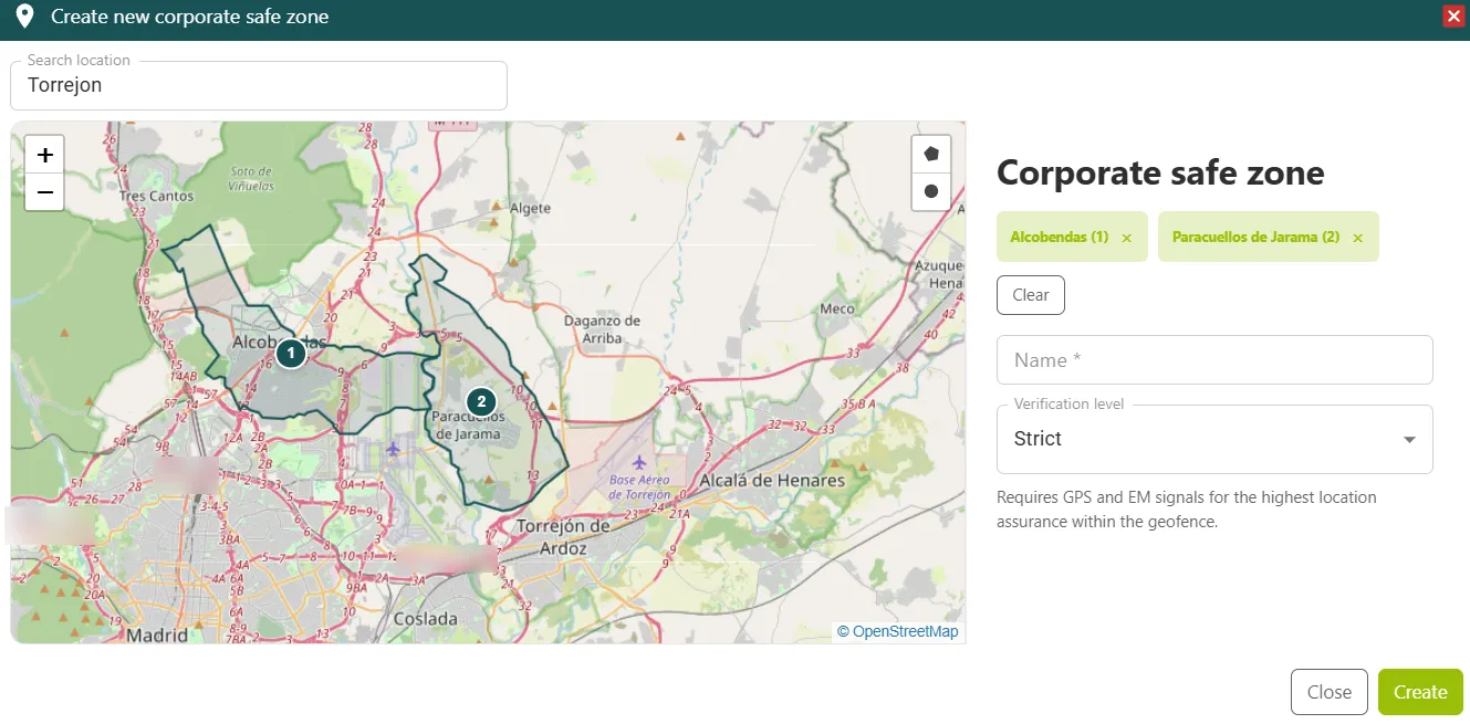 Creación de una zona segura corporativa a partir de dos municipios seleccionados en el mapa