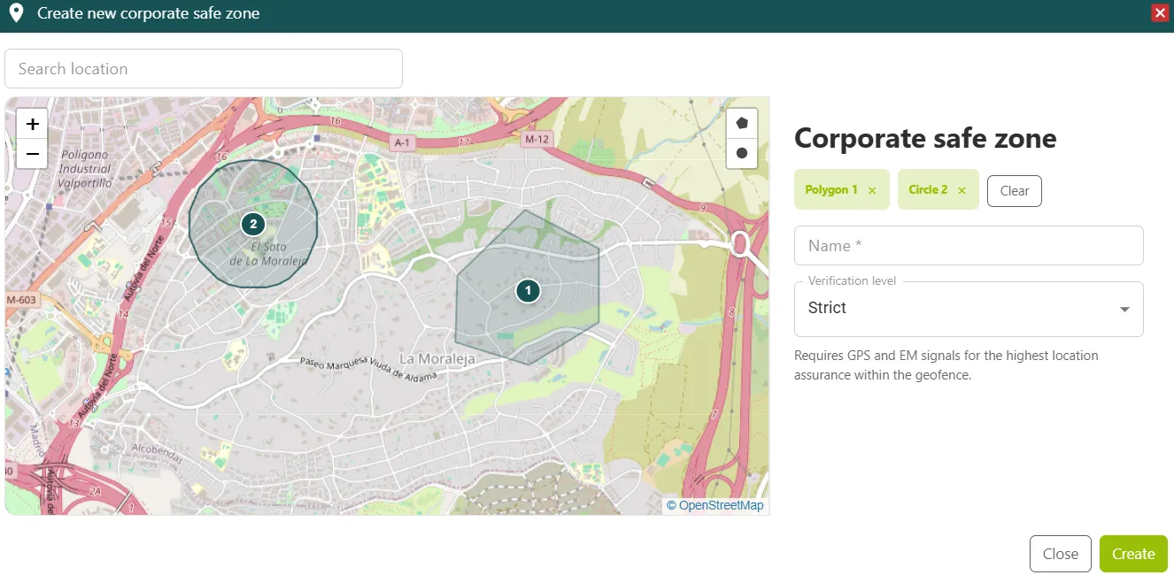 Creación de una zona segura corporativa con un polígono y un círculo dibujados en el mapa