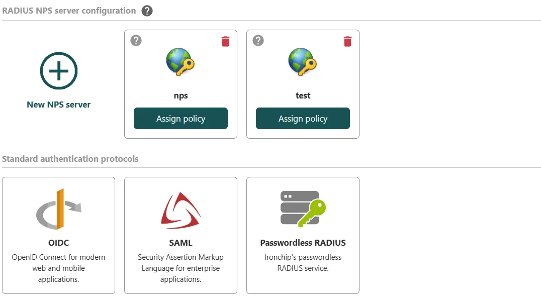 Ironchip console with the RADIUS NPS server settings and the standard OIDC, SAML and Passwordless RADIUS protocols