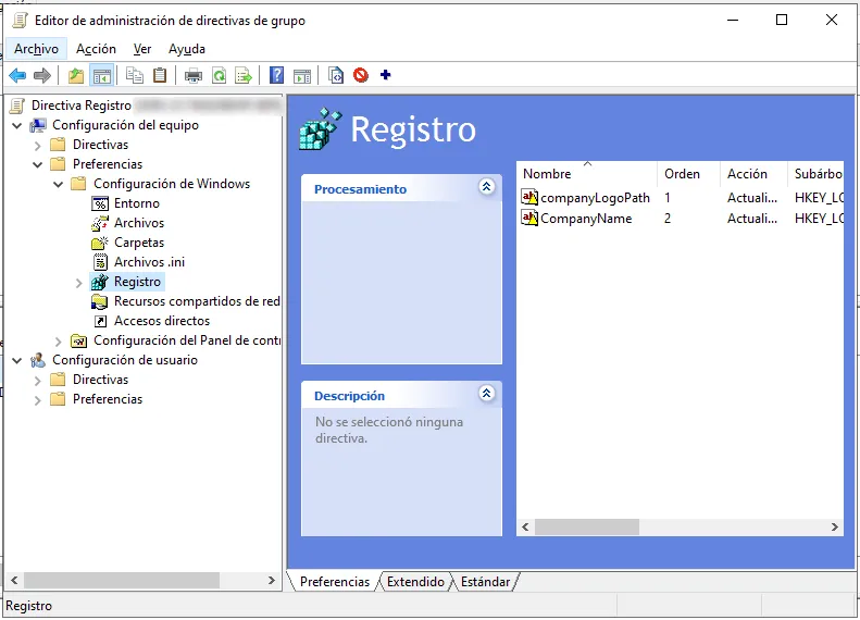 Ruta Preferencias, Configuración de Windows y Registro en el editor de la GPO
