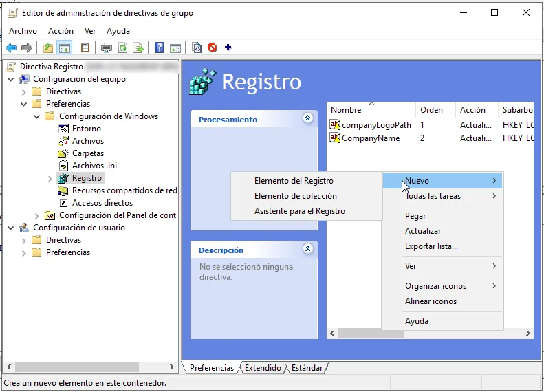Menú contextual con Nuevo elemento de registro