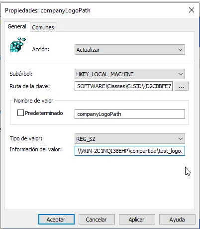 Elemento de registro companyLogoPath con la dirección de red