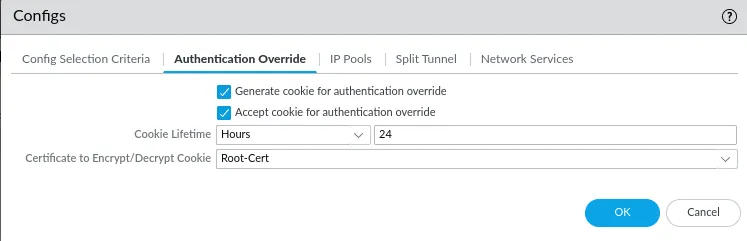 Authentication Override tab with both cookie checkboxes selected