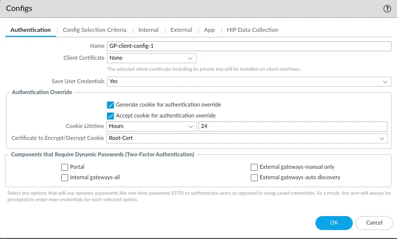 Authentication tab of the portal agent with both cookie checkboxes selected
