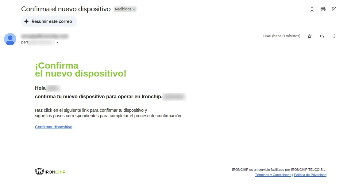 Correo Confirma el nuevo dispositivo con el enlace para confirmar el dispositivo