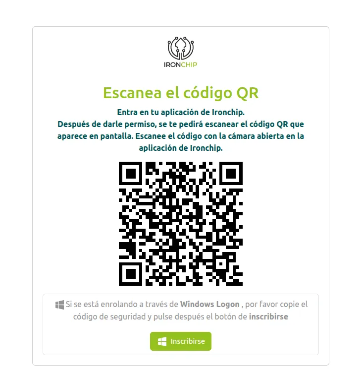 Pantalla de alta con el código QR y, debajo, el botón Inscribirse