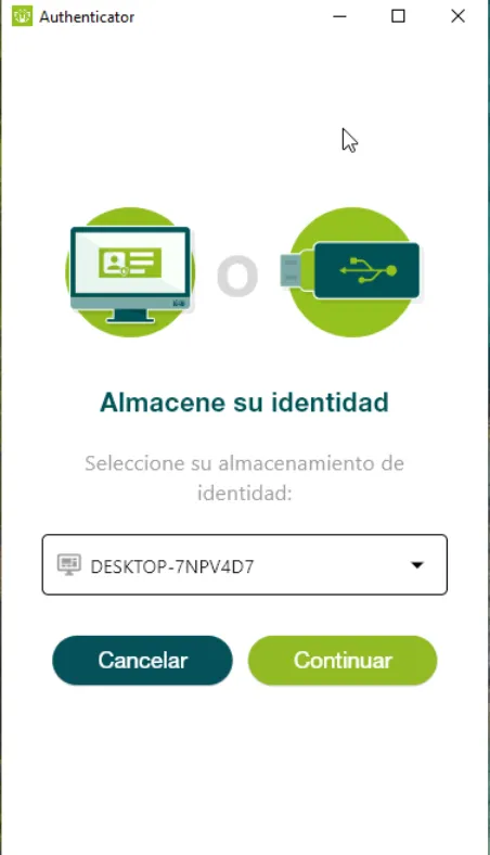 Ventana del autenticador de escritorio para elegir el USB