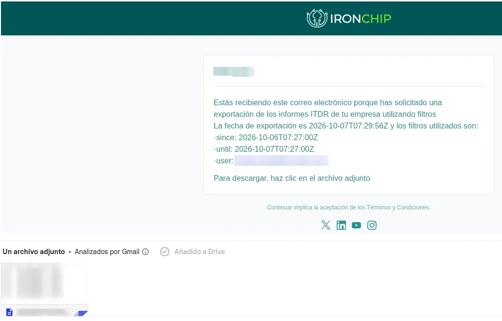 Correo recibido con el archivo de eventos adjunto