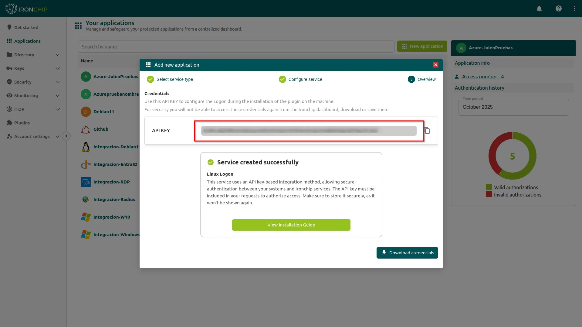 Ventana con la API key de la aplicación