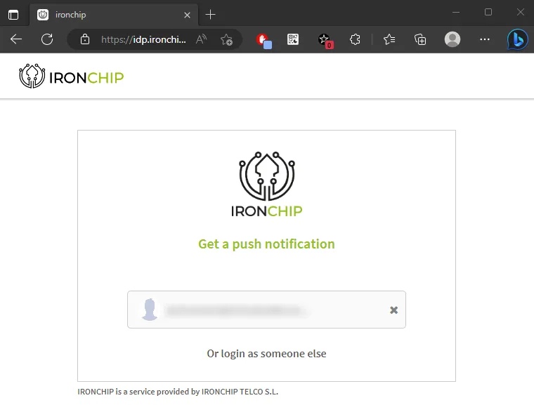 Página de inicio de sesión de Ironchip pidiendo el correo