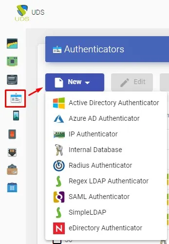 Menu to create a SAML authenticator in UDS Enterprise