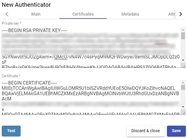 Private Key and Certificate fields filled in
