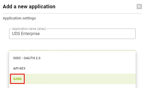 Nombre de la aplicación y tipo de integración SAML