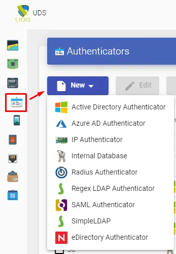 Menú para crear un autenticador SAML en UDS Enterprise