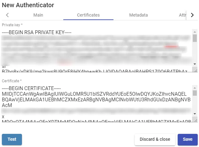 Campos Private Key y Certificate rellenados