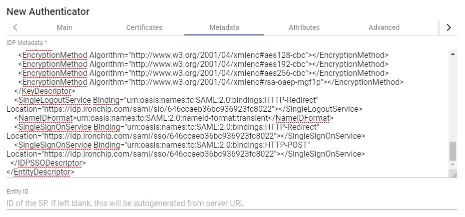 Pestaña Metadata con el IDP Metadata pegado