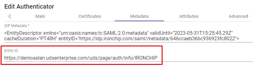 Datos de Entity ID y metadata del autenticador guardado