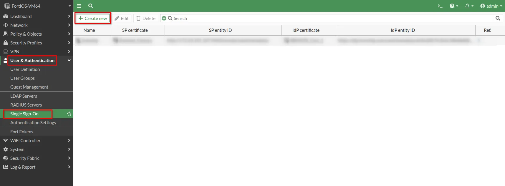Botón Create New en Single Sign-On
