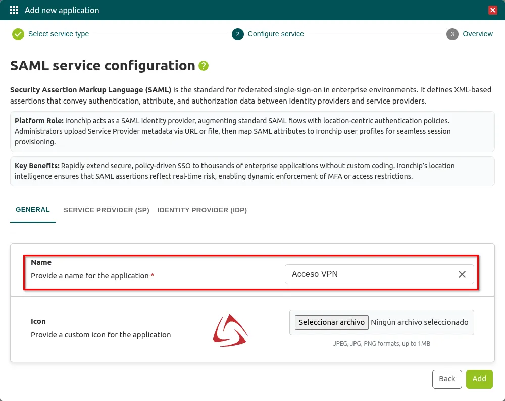 Nombre de la aplicación SAML en Ironchip