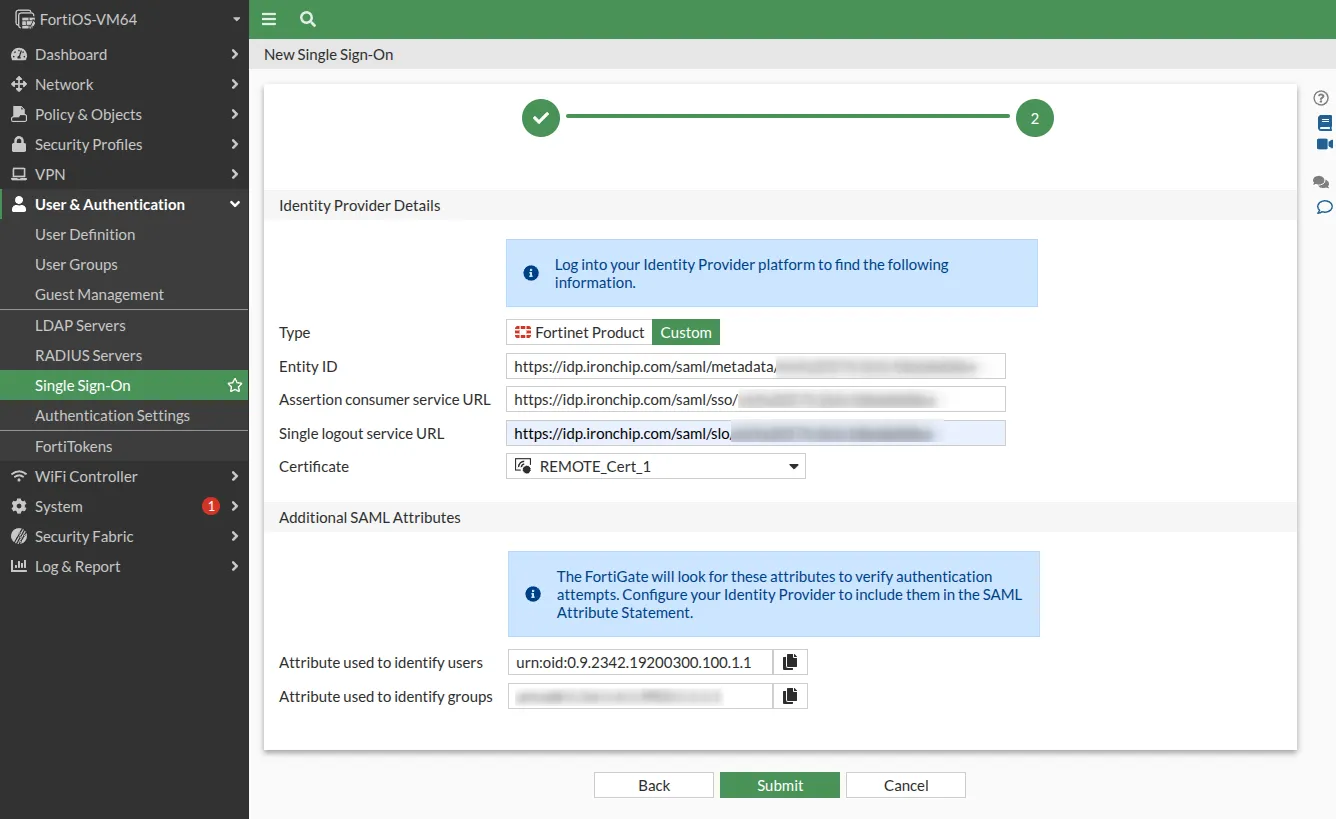 Atributos de usuario y grupo en la configuración SAML de FortiGate