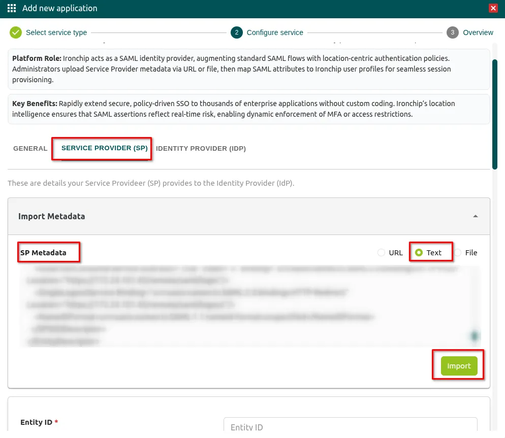Campo SP Metadata en el apartado Service Provider