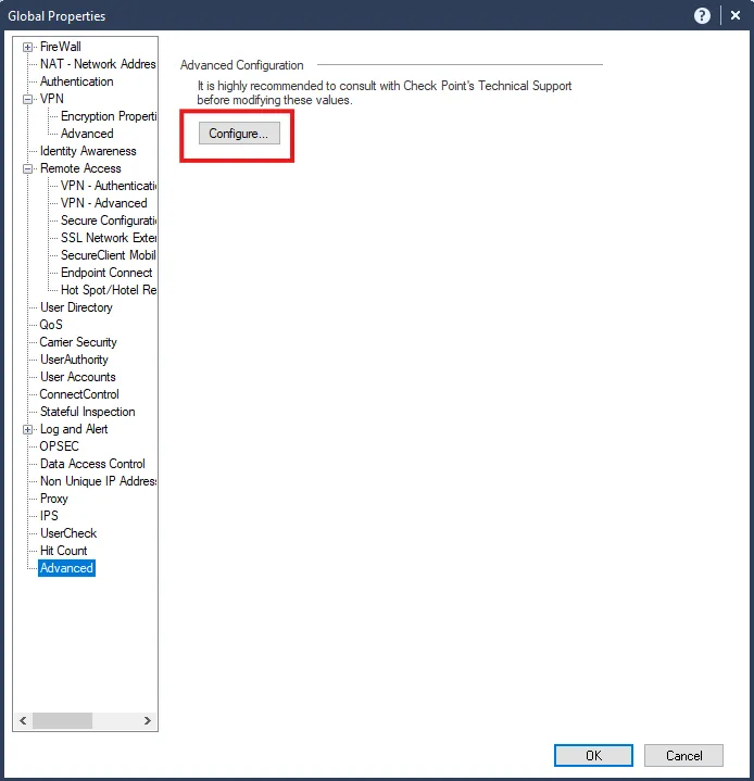 Apartado Advanced con el botón Configure
