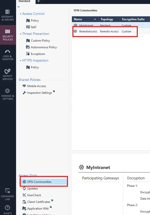 Menú contextual de Remote Access en VPN Communities