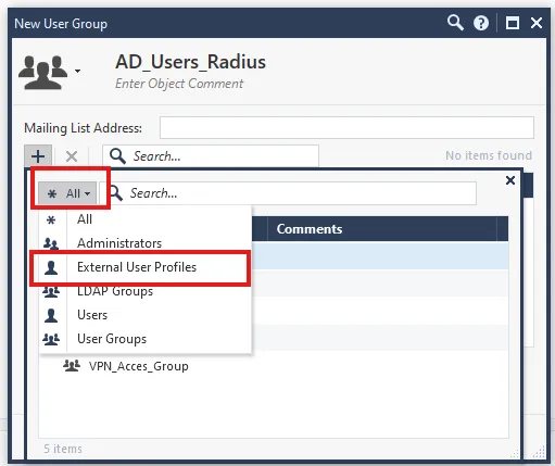 Lista All con la opción External User Profiles