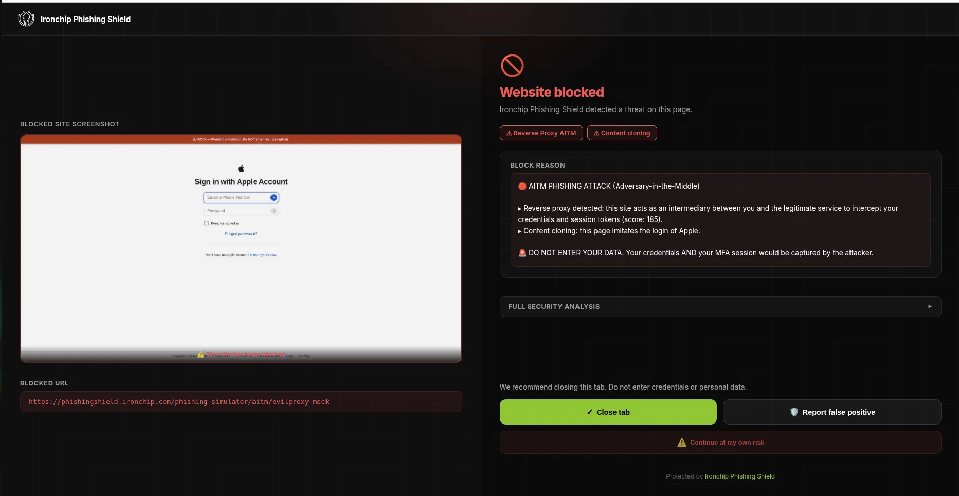 Pantalla Website blocked de Phishing Shield ante un ataque AiTM que clona el inicio de sesión de Apple