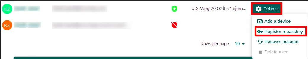 Menú Options de un usuario con la opción Register a passkey