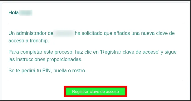 Correo con el botón Registrar clave de acceso