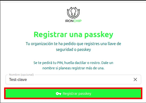 Página Registrar una passkey con el nombre de la clave y el botón Registrar passkey
