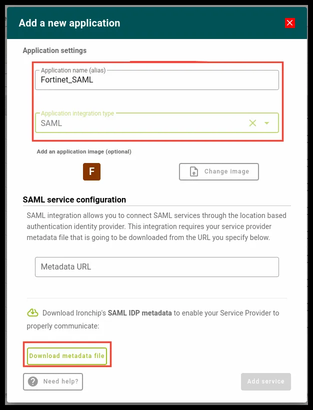 Selección del tipo SAML y descarga de los metadatos