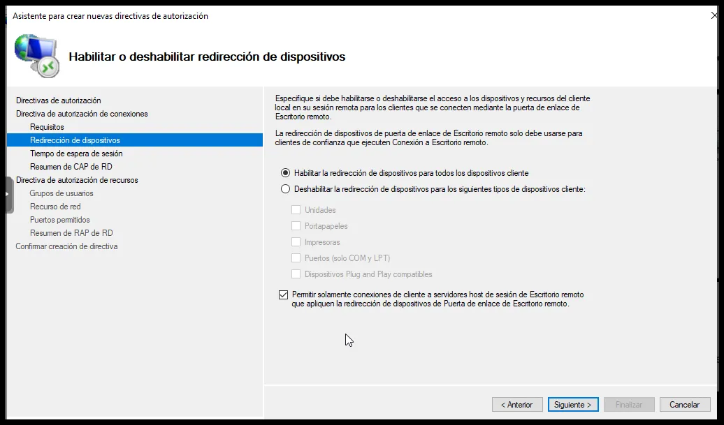 Opciones de la directiva RD CAP