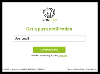 Pestaña de Ironchip para introducir el correo y enviar la notificación
