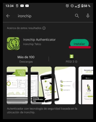 Ficha de Ironchip Authenticator en Play Store con el botón Instalar