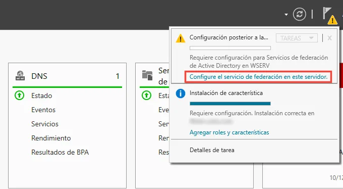 Alerta del Administrador del servidor para configurar el servicio de federación