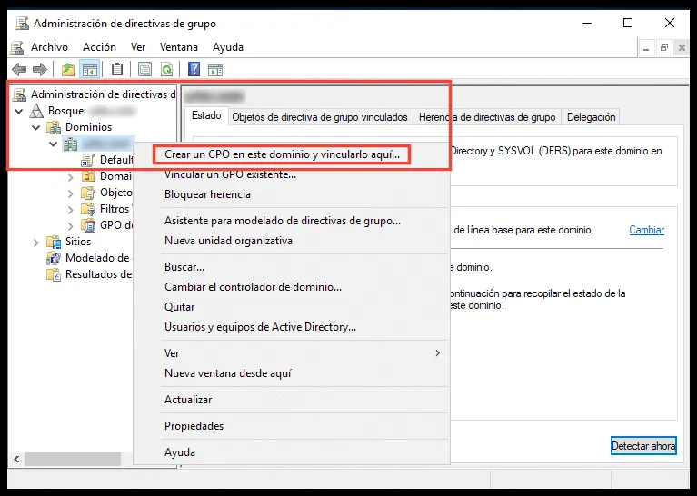 Menú contextual para crear un GPO y vincularlo