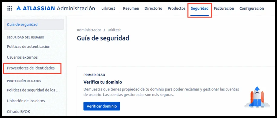 Menú Seguridad > Proveedores de identidades en Atlassian Admin