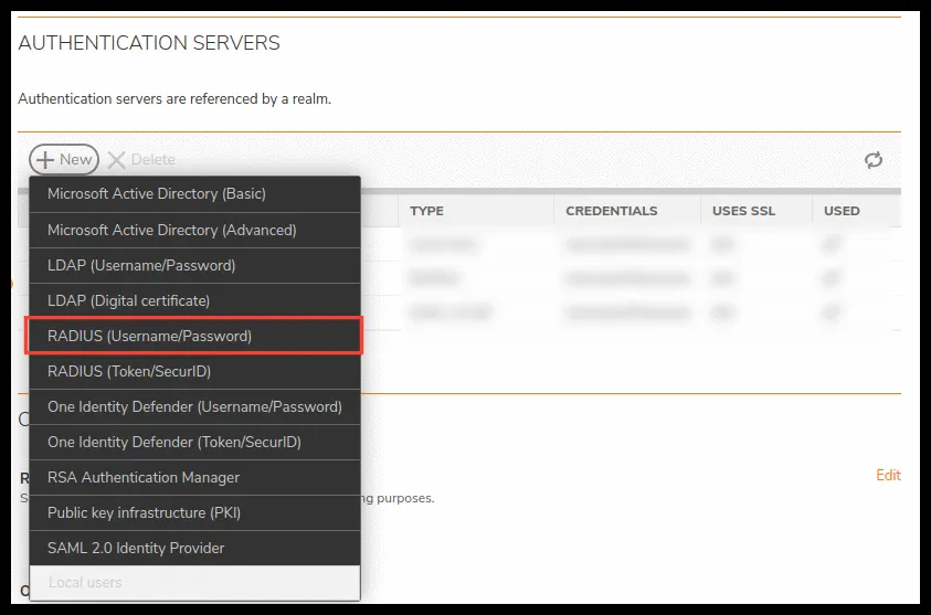 Selección del tipo RADIUS (Username/Password)