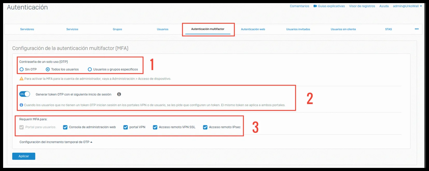 Multifactor authentication tab with the OTP options