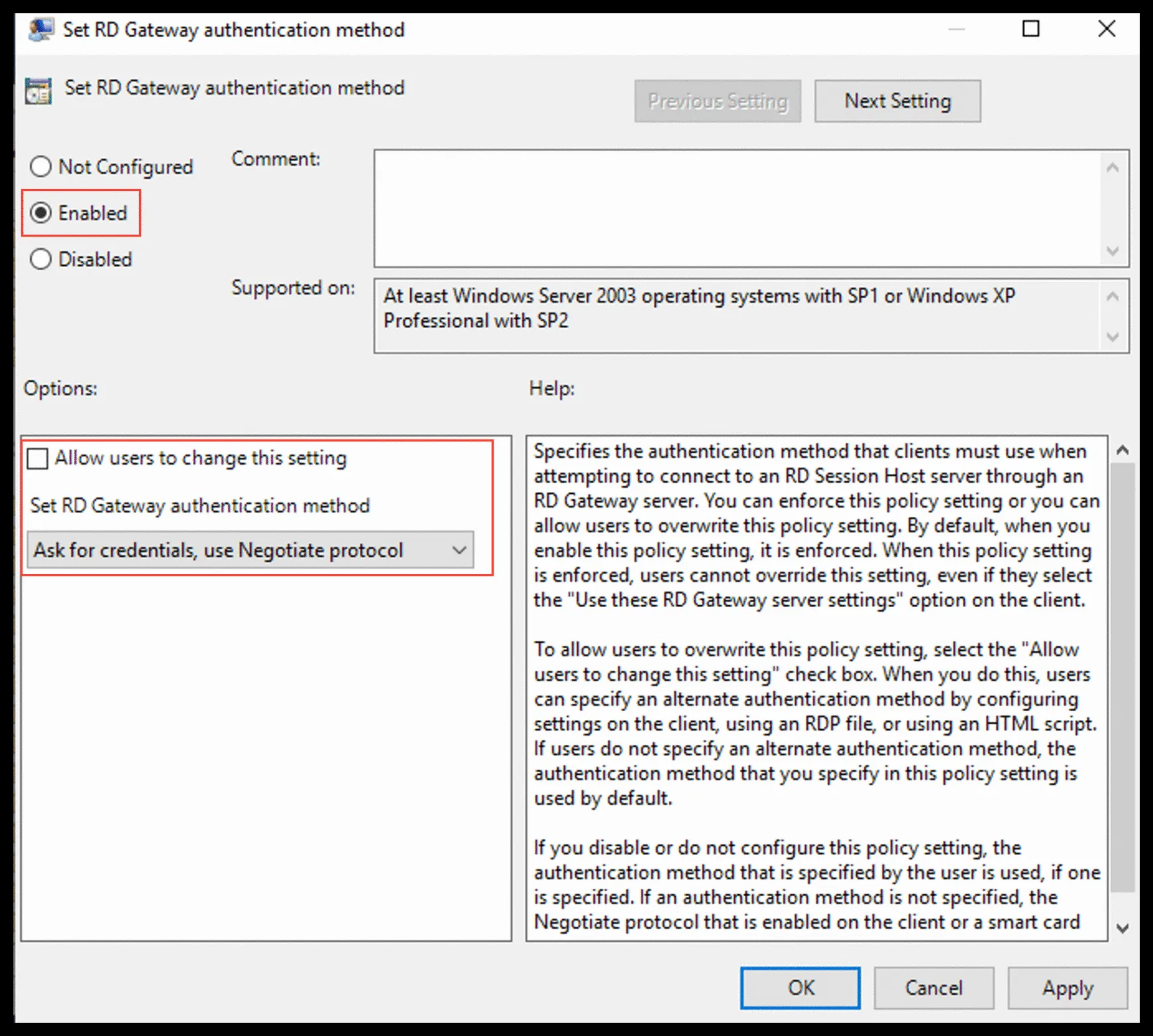 Método de autenticación de RD Gateway habilitado