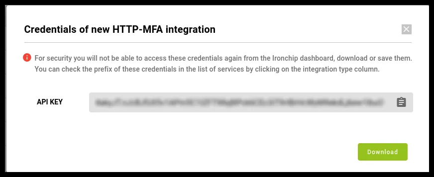 Window with the API Key generated for the integration
