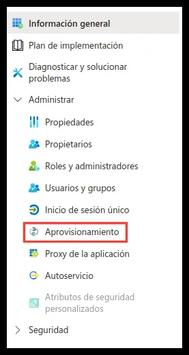 Provisioning menu of the application