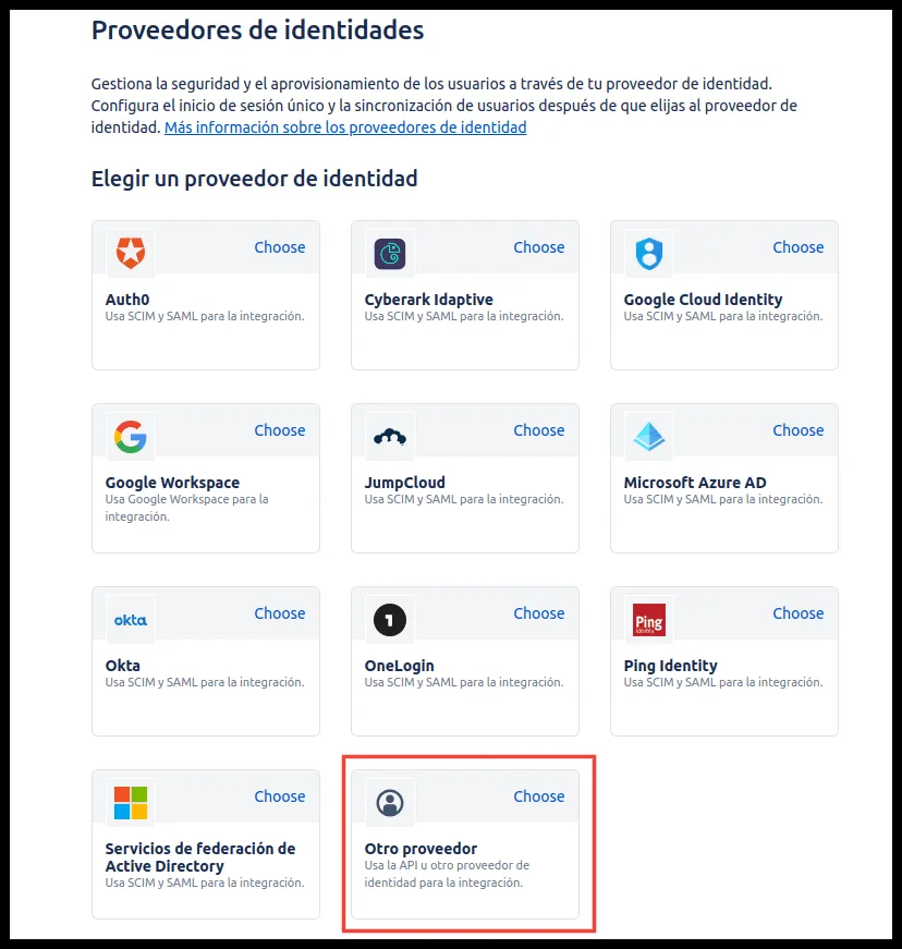 Selección de Otro proveedor como proveedor de identidades