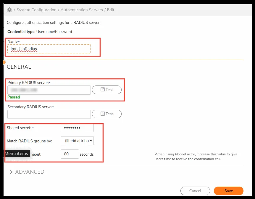 Datos del servidor RADIUS en SonicWall