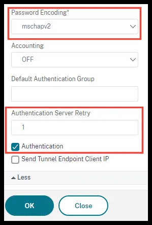 Parámetros Password Encoding, Server Retry y Authentication