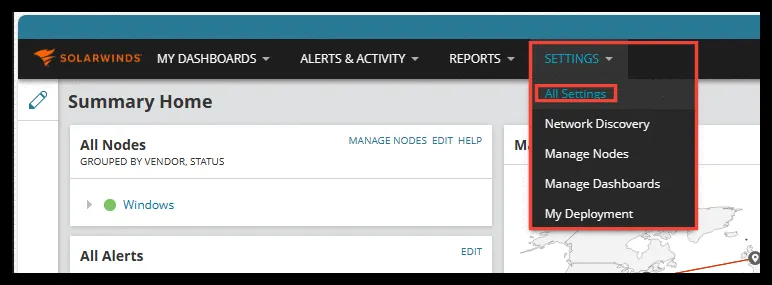 Settings menu in SolarWinds